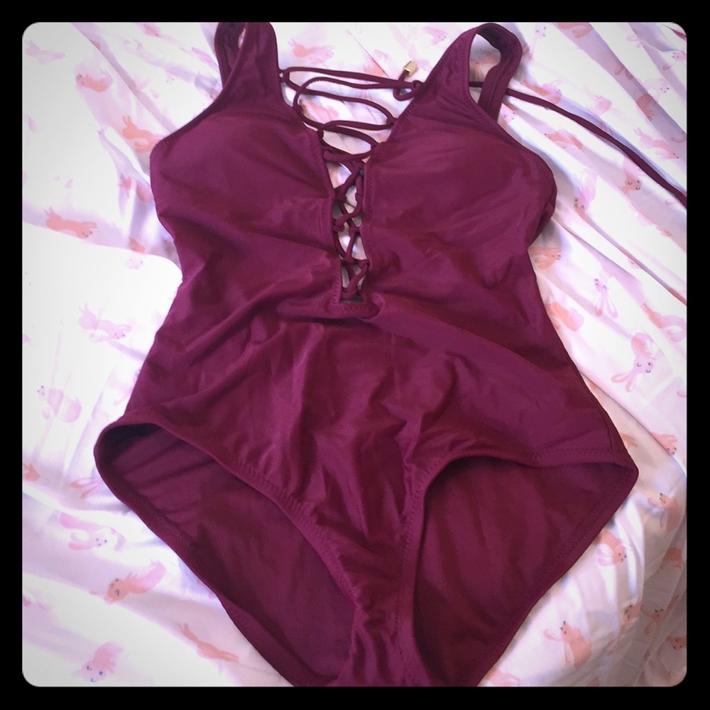Marroon lace up backless swimsuit